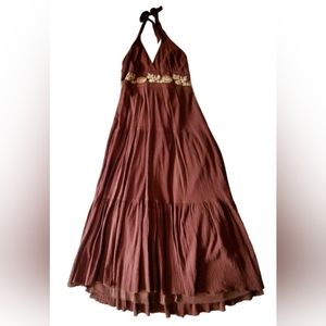 BOHO Maxi halter dress, lined brown cotton crepe with white embroidery